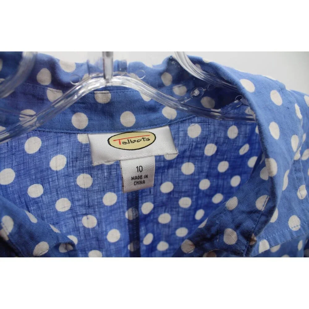 Talbots Linen Blouse Blue Polka Dot Size 10 94023 3/4 Sleeve - Picture 4 of 4
